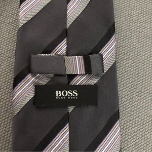 BossHugo Boss Tie with Black and Lavender Stripes 100% Silk Made in Italy!